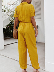 Solid Color Button Pocket High Elastic Waist Loose Jumpsuit
