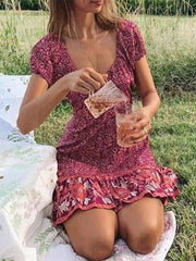 Women's Bohemian V-Neck Floral Spliced Short Sleeve Casual Mini Dress