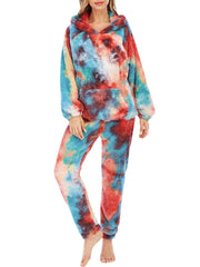 Women's Tie Dye Fleece Hoodie & Pants Pajama Set - Casual Sleepwear with Kangaroo Pocket