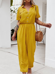 Solid Color Button Pocket High Elastic Waist Loose Jumpsuit