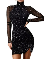 Women‘s Party Dress Wedding Guest Dress Sequin Dress Holiday Dress Mini Dress Black Long Sleeve Pure Color Sequins Winter Fall Spring Turtleneck Fashion Party Winter Dress Birthday