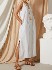 Women Solid Color Button V-neck Splited Sleeveless Plain Casual Maxi Shirt Dress
