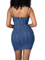 Women's Denim Mini Dress - Sleeveless, Backless, Spaghetti Strap for Summer