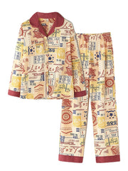 Women's Vintage Chinese Print Cotton Pajama Set - Button Up, Long Sleeve, Elastic Waist