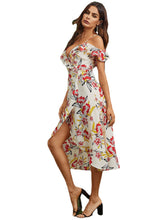 Slit Hem Random Floral Print Off Shoulder Casual Midi Dress