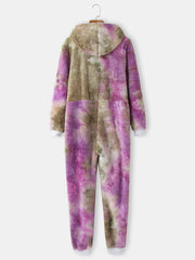 Women Tie Dye Fluffy Plush Zipper Front Kangaroo Pocket Home Jumpsuits
