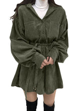 Corduroy Solid Belt Button Drop Shoulder Long Sleeve Dress