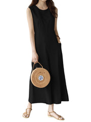 Solid Pocket Knotted Sleeveless Round Neck Casual Jumpsuit