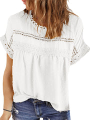 Leisure Swiss Dot Button Lace Patchwork Short Sleeve Blouse