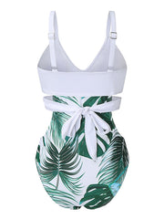 Women's Swimwear One Piece Monokini Bathing Suits trikini Normal Swimsuit Push Up High Waisted Leaf White Black Red Padded Scoop Neck Bathing Suits Sports Active Casual / Sexy / New / Vacation