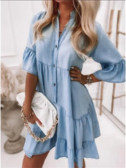 Women's V-Neck Denim Midi Shirt Dress - Half Sleeve, Casual Summer Wear