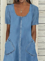 Women's Denim Midi Dress with Lace Pocket - U Neck, Short Sleeve for Summer