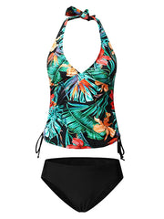 Women's Floral Tankini Swimsuit, High-Waisted, Padded, V-Wire, Green/Blue, Sexy Sports Vacation