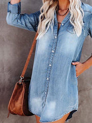 Women's Denim Shirt Dress - Casual Mini with Pockets & Button Collar for Spring/Summer/Fall
