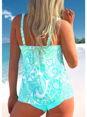Women's Swimwear Tankini 2 Piece Plus Size Swimsuit 2 Piece Graphic Striped Blue Green Tank Top High Neck Bathing Suits Sports Summer