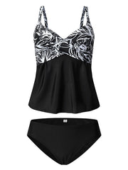 Plus Size Women's Tankini Swimsuit - Floral & Solid Colors, Open Back, Camisole Straps, Vacation Ready