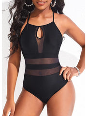 Women's Swimwear One Piece Normal Swimsuit Mesh Patchwork Plain Black Bodysuit Bathing Suits Sports Beach Wear Summer