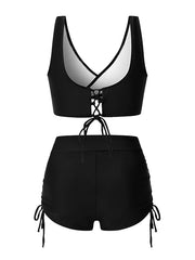 Women's Swimwear Bikini 2 Piece Plus Size Swimsuit Ruched Backless 2 Piece Open Back Slim Tie Dye Camo Blue Wine Army Green Black Padded V Wire Bathing Suits New Vacation Fashion / Sexy / Colorful