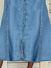 Women's Casual Denim Midi Dress with Pockets - Crew Neck, Short Sleeve