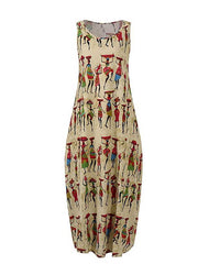 Women‘s Sleeveless Human Print Crew Neck Casual Loose Long Dress