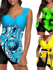 Women's Swimwear Swim Dress Normal Swimsuit 2 Piece Printing Graphic Leaf Yellow Sky Blue Green Bathing Suits Sports Summer