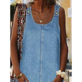Women's Denim Pinafore Mini Dress - Sleeveless U-Neck Casual Summer Shift Dress
