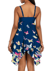 Plus Size Women's Tankini Swim Dress - Open Back, Animal Print, Navy Blue, Vacation Fashion