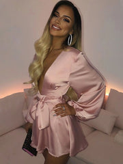 Women's Party Dress Satin Dress Sexy Dress Mini Dress Black Pink Long Sleeve Pure Color Backless Spring Fall Winter V Neck Fashion Winter Dress Fall Dress Slim  S M L XL