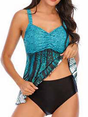 Plus Size Women's Tankini Swimsuit - Modest Open Back, Color Block, Padded, Green/Blue, Vacation Fashion