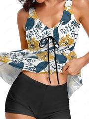Women's Swimwear Tankini 2 Piece Normal Swimsuit Open Back Printing Floral White Black Vest V Wire Bathing Suits New Vacation Fashion / Modern