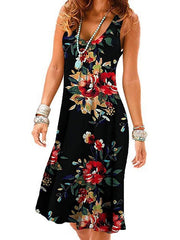 Women‘s Sleeveless Print Lily Element U Neck Casual Holiday Dresses