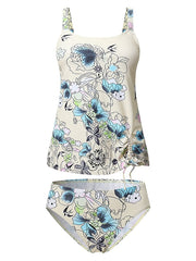 Women's Floral Print Tankini Swimsuit, High Waisted, Padded, Khaki, Sexy Sports Vacation Wear
