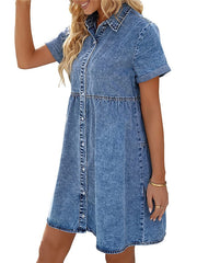 Women's Denim Shift Dress - Casual Mini Shirt Dress with Pockets, Short Sleeve