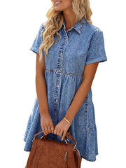 Women's Denim Shift Dress - Casual Mini Shirt Dress with Pockets, Short Sleeve