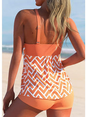 Women's Swimwear Tankini 2 Piece Normal Swimsuit 2 Piece Printing Lines / Waves Blue Orange Tank Top Bathing Suits Sports Beach Wear Summer