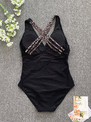 Women's One Piece Monokini Swimsuit - Tummy Control, Halter, Open Back, Leopard Print, V Wire