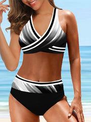 Women's Swimwear Bikini 2 Piece Plus Size Swimsuit Backless Printing High Waisted Geometic Stripes / Ripples Black Purple V Wire Bathing Suits New Stylish Vacation / Sexy / Padded Bras