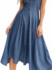 Women's Denim Midi Swing Dress - Casual Short Sleeve Shirt Dress for Summer