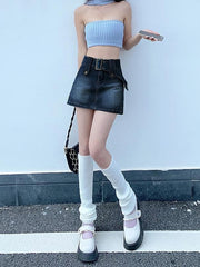 Women's A Line Mini Denim Black Blue Skirts Patchwork Belt Included Street Casual Daily