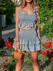 Women's Two-Piece Denim Mini Dress - Spaghetti Strap, Sleeveless, Ruched & Backless