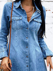 Women's Casual Denim Mini Shirt Dress with Pockets - Long Sleeve Style