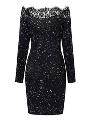 Women‘s Party Dress Wedding Guest Dress Lace Dress Bodycon Black Long Sleeve Pure Color Lace Fall Spring Off Shoulder Party Winter Dress Evening Party  S M L XL XXL