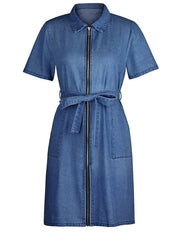 Women's Denim Mini Dress - Casual Short Sleeve with Zipper, Shirt Collar for Summer