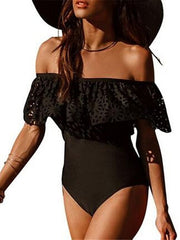 Women's Swimwear One Piece Monokini Bathing Suits Normal Swimsuit Tummy Control Off Shoulder Ruffle Slim Solid Color White Black Off Shoulder Bathing Suits Sexy Active Sexy / New / Padded Bras