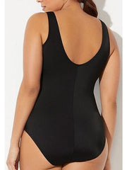 Plus Size Women's Floral Monokini Swimsuit - Tummy Control, Open Back, Scoop Neck, Black