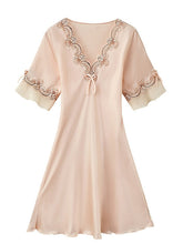Elegant Women's Satin A-Line Mini Dress with Lace Bow, V-Neck, Solid Color for Home Lounge