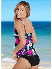 Women's Swimwear Tankini Beach Top Normal Swimsuit Modest Swimwear Hollow Out Tie Knot Open Back Print Floral Color Block Purple Blouse T shirt Tee Strap Bathing Suits New Party Vacation / Sexy