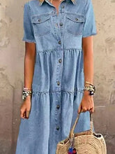 Women's Maxi Denim Shirt Dress - Short Sleeve, Pockets, Solid Color