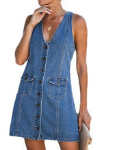 Women's V-Neck Sleeveless Denim Mini Dress with Pockets - Summer Shirt Dress