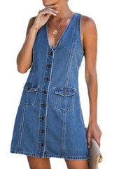 Women's V-Neck Sleeveless Denim Mini Dress with Pockets - Summer Shirt Dress